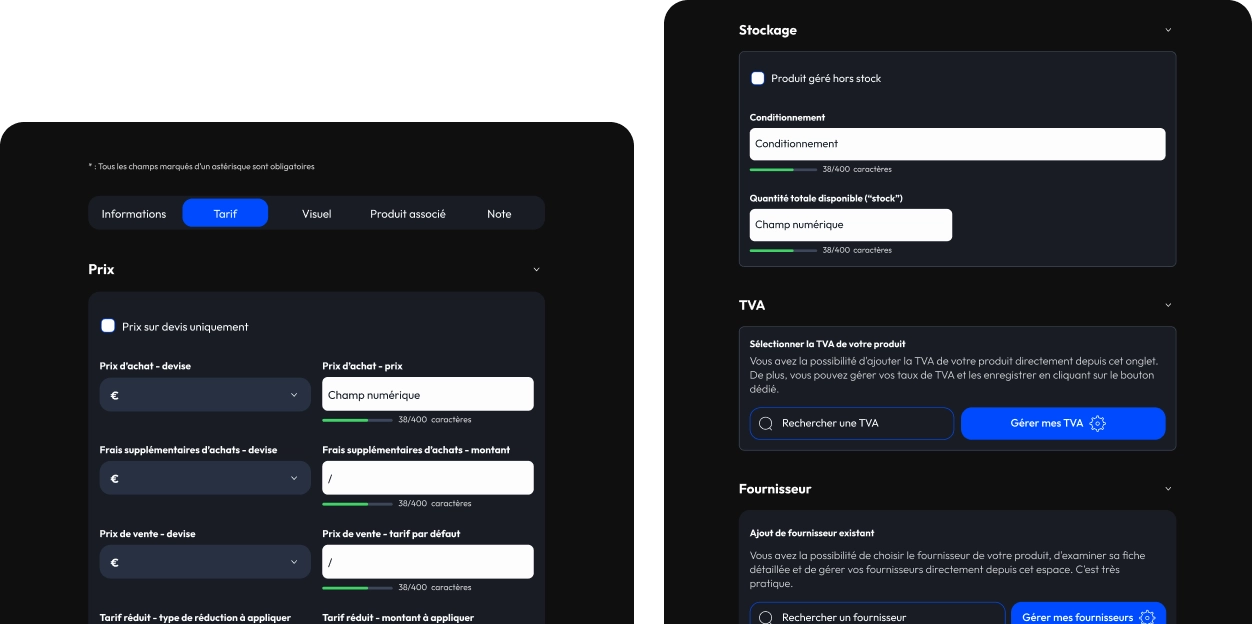Administration du Pim affichant la creation d'un produit et de son stock.
